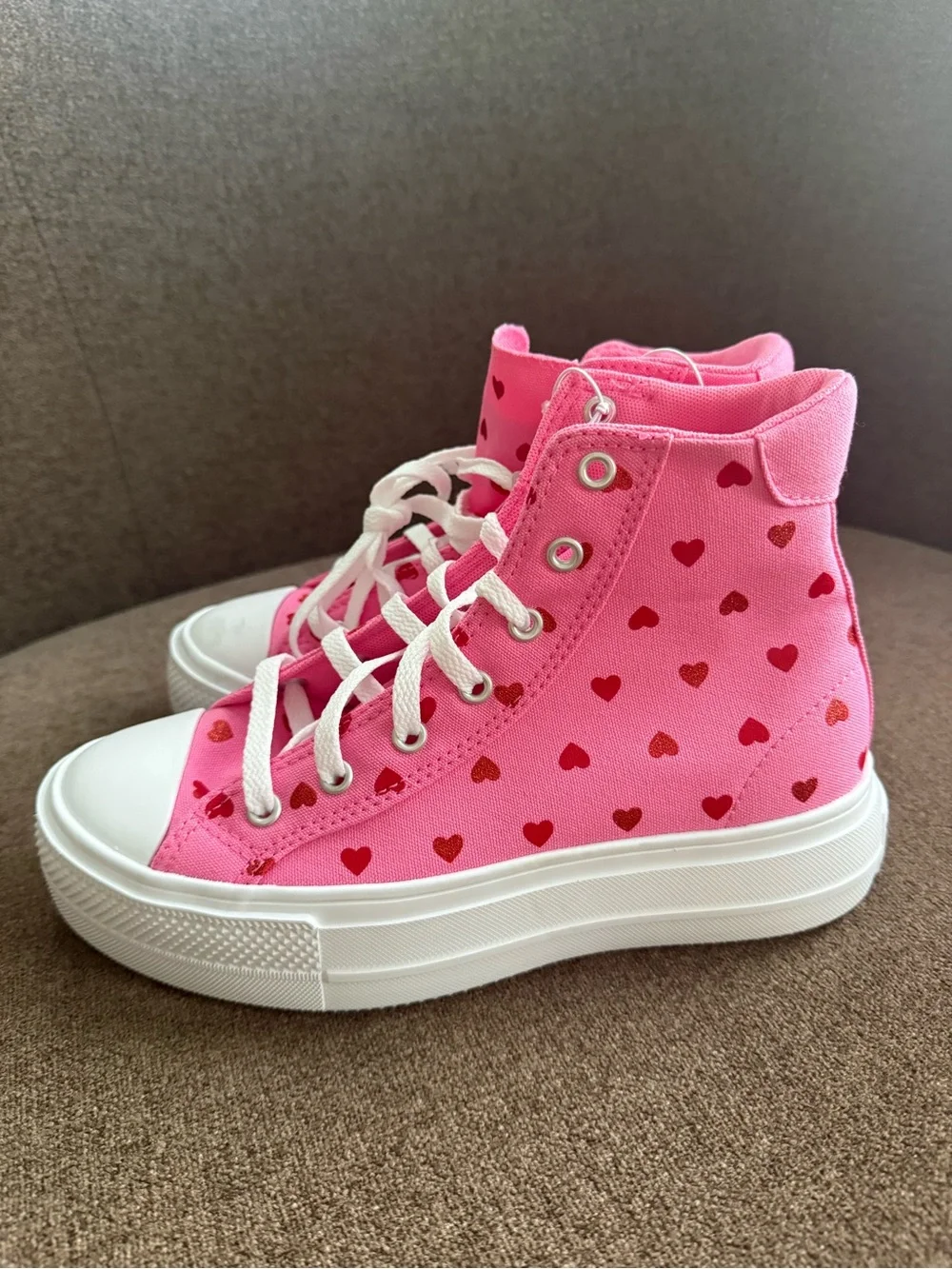 Girls Pink High-Top Heart Print Canvas Sneakers